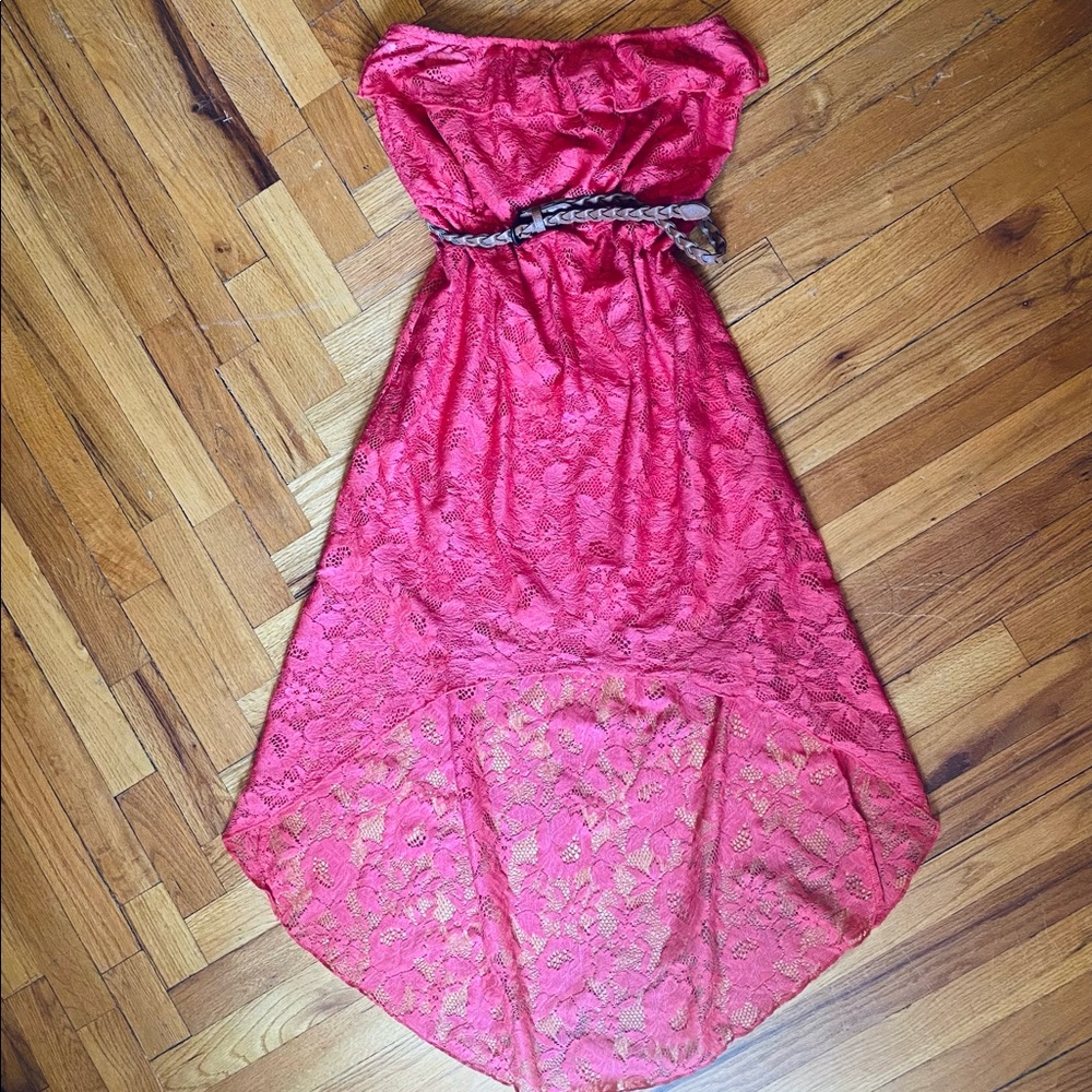 🌵 Trixxi Lace High Low Strapless Summer Dress Coral/Pink/Orange Size L Junior - Picture 2 of 10